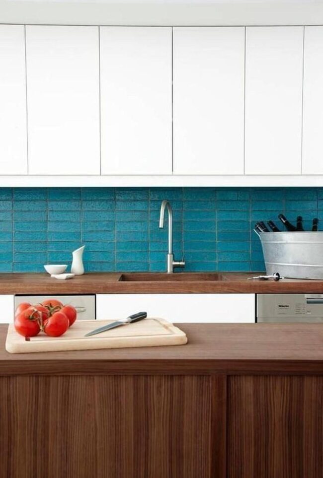 White Cabinets Blue Tiles